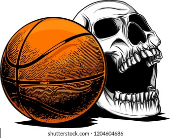 Skull basketball. Ball is head of skeleton. Emblem for sports fans