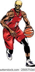 Skull Basketball player African American man hand drawn vector art colored