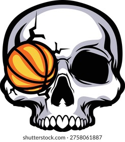 Skull with basketball replacing eye socket in grayscale illustration