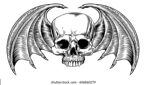 A skull and bat or dragon wings drawn in a vintage retro woodcut etched or engraved style