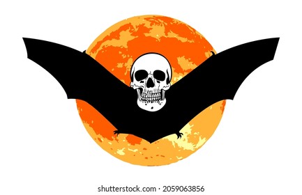 Skull bat flying over the red full moon, Halloween concept, vector illustration.