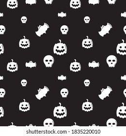 Skull, Bat and Pumpkin shape texture. Seamless pattern design template. Monochrome, black and white color theme. Vector illustration