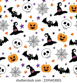 Skull, bat, pumpkin, witch hat, spider web, candy corn seamless pattern on whie background. Happy design for Halloween.