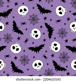 Skull, bat, and spider seamless pattern on purple backgound. halloween design. Good for textile print, wrapping and wall paper, label, and other decoration for Halloween.