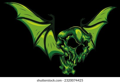 skull and bat wing on black background vector illustration design