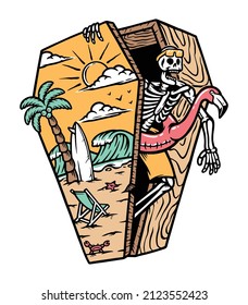 skull to the beach in a coffin illustration