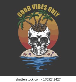 Skull beach Good vibes only vector illustration for your company or brand