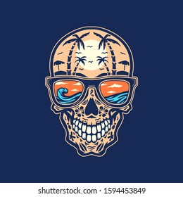 Skull beach, hand drawn line with digital color, vector illustration