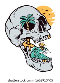 Skull beach illustration. hand drawn