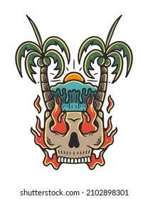 skull beach and palm tree hand drawn illustration