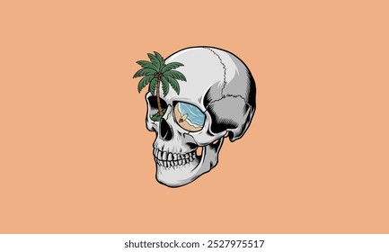 Skull with beach and palm tree scene in the eye socket