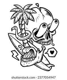 skull and beach stuff line illustration