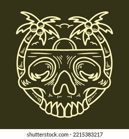 Skull Beach Tropical illustration Monoline Vector Logo, Summer vintage badge, creative emblem Design For Tshirt