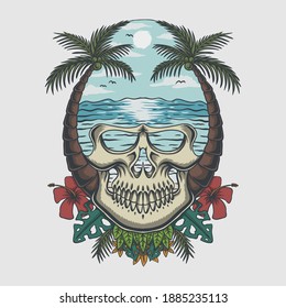 Skull beach tropical vector illustration for oyur company or brand