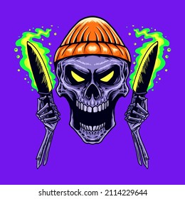 Skull Beanie Hat Bring Knife Vector Ilustración T Shirt