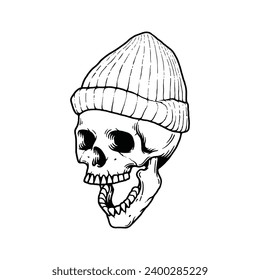 Skull in beanie hat vector illustration isolated on white background. Design element for shirt design, logo, sign, poster, banner, card