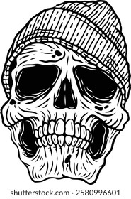 Skull with beanie hat. Vector illustration. Monochrome hand drawn style