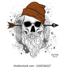 Skull with a beard, arrow, mustache in a brown cap. Vector illustration.