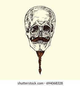 Skull with beard braided pigtail and a fancy mustache, hand drawn doodle, sketch in woodcut style, vector illustration