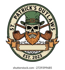 Skull with beard and green hat logo. Crossed smoking pipes. Established 2023 outlaw biker style emblem design.