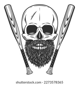 Skull with beard and mustache with baseball bat club emblem design elements template in vintage monochrome style isolated vector illustration