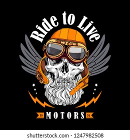 Skull with a beard, mustache in a biker glasses and orange helmet. Ride to live - lettering quote. Inspiration poster, emblem design, hand drawn style t-shirt print. Vector illustration.