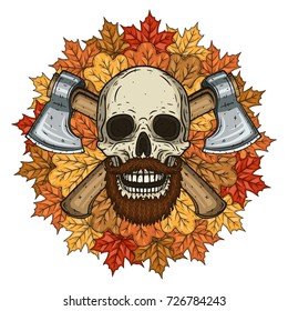 Skull with a beard, mustache and crossed axes against the background of autumn leaves