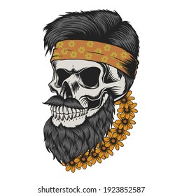 Skull beard mustache flower vector illustration for your company or brand