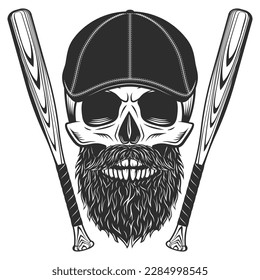 Skull with beard and mustache in gangster gatsby tweed hat flat cap with baseball bat vector illustration