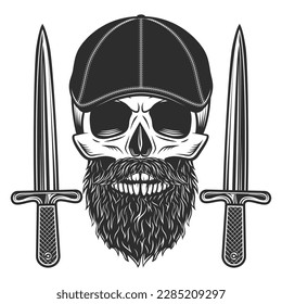 Skull with beard and mustache in gangster gatsby tweed hat flat cap with dagger knife vintage vector illustration