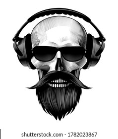 Skull with beard, mustache, hipster haircut, black sunglasses and headphones. Black and white tattoo symbol. Design element for a poster, postcard, banner, t-shirt, logo, sign. Vector illustration