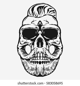 Skull with beard and mustache, hipster haircut. Monochrome illustration. Vector