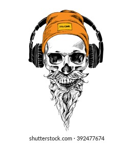 Skull with beard, mustache in the hipster hat and headphones. Vector illustration.