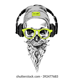 Skull with beard, mustache in the hipster hat and headphones, glasses. Vector illustration.