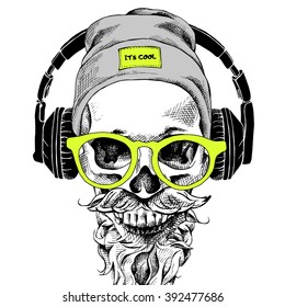 Skull with beard, mustache in the hipster hat and headphones, glasses. Vector illustration.