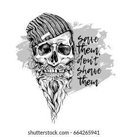 Skull with beard and mustache in a hipster knitted cap. Vector illustration.