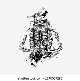 Skull with beard and mustache hipster style for creative fashion design. Hand Drawn Sketch Vector illustration.