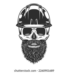 Skull with beard and mustache in the miner or construction hard hat helmet vector illustration