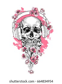 Skull with beard and mustache with a pink cherry flowers in a headphones. Vector illustration.