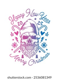 Skull with beard and mustache in Santa Claus hat. Christmas and New Year poster. Original vector illustration in vintage style. T-shirt design. Hand drawn, not AI