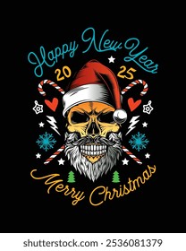 Skull with beard and mustache in Santa Claus hat. Christmas and New Year poster. Original vector illustration in vintage style. T-shirt design. Hand drawn, not AI