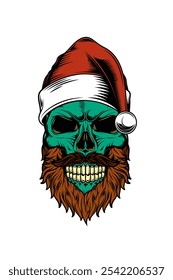 Skull with beard and mustache in Santa Claus hat. Original vector illustration in vintage style. T-shirt design. Hand drawn, not AI