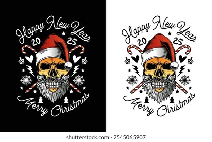 Skull with beard and mustache in Santa Claus hat. Christmas and New Year poster. Original vector illustration in vintage style. T-shirt design. Hand drawn, not AI