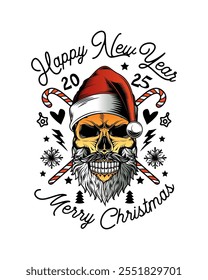 Skull with beard and mustache in Santa Claus hat. Christmas and New Year poster. Original vector illustration in vintage style. T-shirt design. Hand drawn, not AI