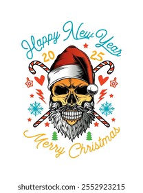 Skull with beard and mustache in Santa Claus hat. Christmas and New Year poster. Original vector illustration in vintage style. T-shirt design. Hand drawn, not AI