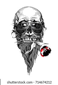 Skull with the beard and mustache in a sunglasses. Tulip flower in the teeth. Vector illustration.