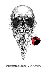 Skull with the beard and mustache in a sunglasses. Tulip flower in the teeth. Vector illustration.