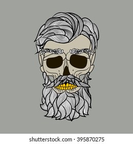 skull with a beard , old skull , logo , beard and mustache , fashionable haircut, vector graphics