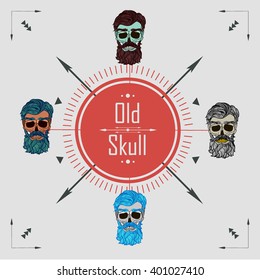 skull with a beard , old skull , logo , beard and mustache , fashionable haircut, vector graphics