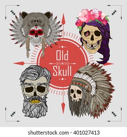 skull with a beard , old skull , logo , beard and mustache , fashionable haircut, vector graphics